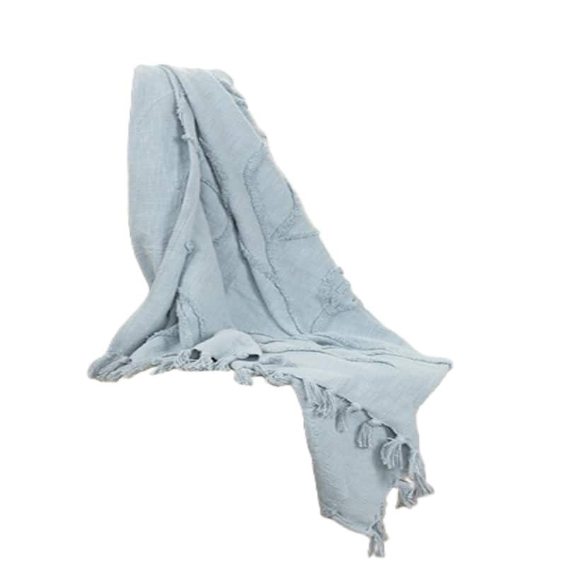 HomeRoots 50" X 60" Light Blue Cotton Woven Throw Blanket with Tassels And Fringe