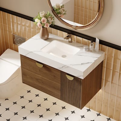 35.4 Single Bathroom Vanities with Sintered StoneTop, Wall Mount Vanities Not Assembled Need