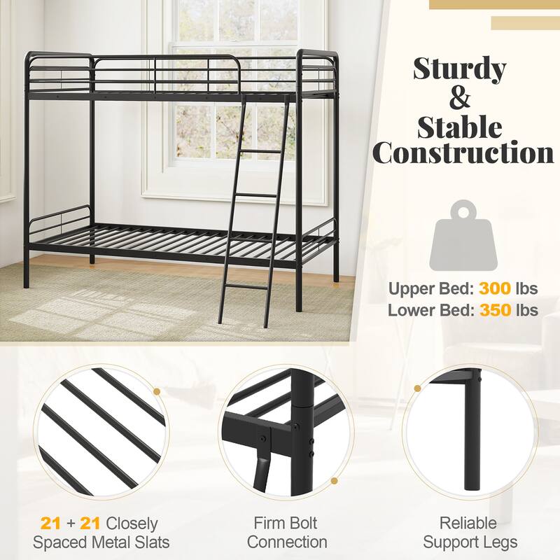 Gymax Twin Over Twin Bunk Bed Heavy Duty Metal Bunk Bed w/ Ladder