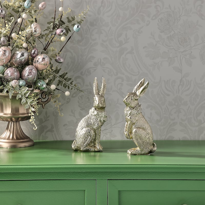 7.5" Resin Bunny With Floral Collar Set of 2