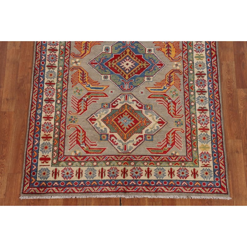Geometric Brown Kazak Oriental Area Rug Handmade Wool Carpet - 4'0" x 5'10"