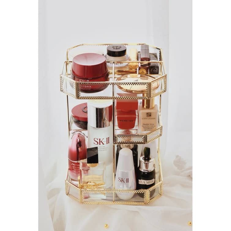 Golden Vintage Glass 360 Degree Rotation Makeup Organizer for Vanity&Bathroom - Gold