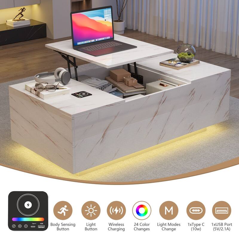 47.2" LED Lift Top Coffee Table with Wireless Charging & Bluetooth Speaker, Smart Storage Drawer, RGB Lights