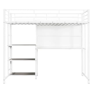 White Twin Size Loft Bed, Multifunctional Metal Storage Bed with Desk and Whiteboard, Shelves, Ladder, Space-Saving Bed Frame