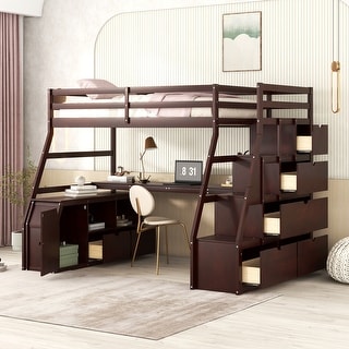 Espresso Twin Size Loft Bed with Desk and Cabinet, Storage Staircase, 7 Drawers and 2 Shelves
