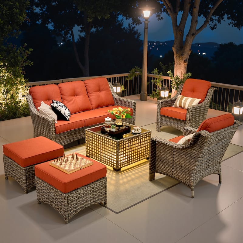 OVIOS 6 Pieces Outdoor Wicker Set With Solar-Powered Table - Red