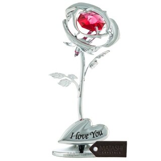 Matashi Single Chrome Plated Silver Rose Flower Tabletop Ornament w/ Red Crystals Metal I Love You Floral Arrangement