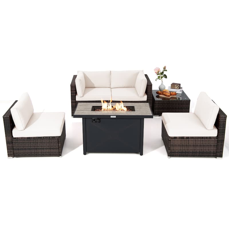 Costway 6PCS Patio Furniture Set Rattan Cushioned Sofa Gas Fire Pit - See Details