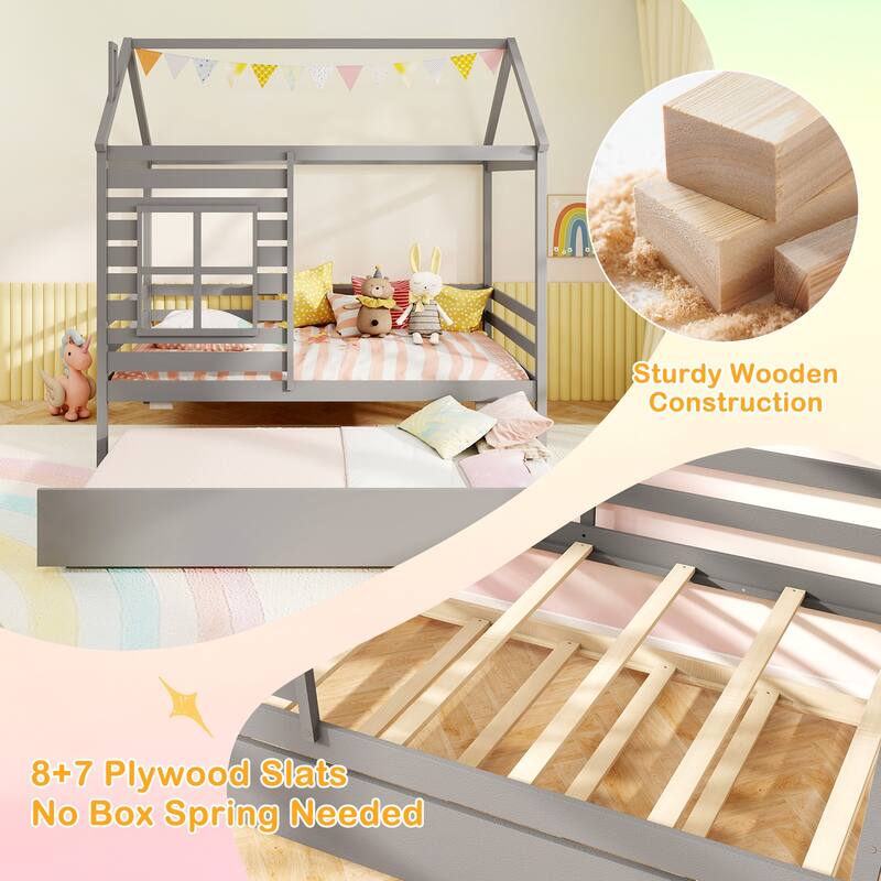 Gymax Twin Size House Bed with Trundle Wooden Platform Bed w/ Roof