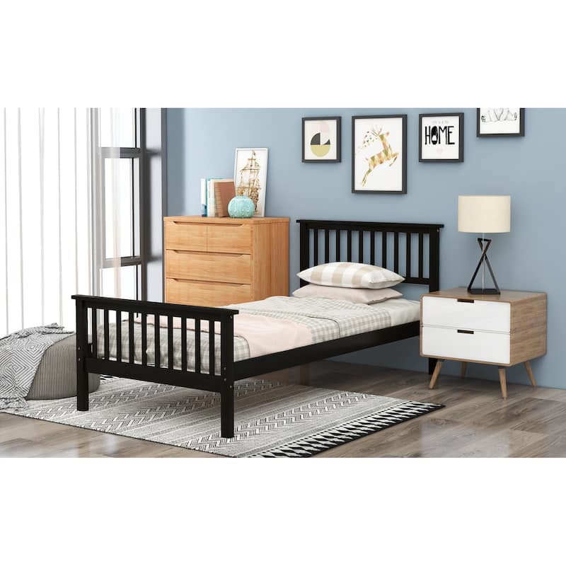 Twin Size Solid Wood Platform Bed with Headboard & Footboard