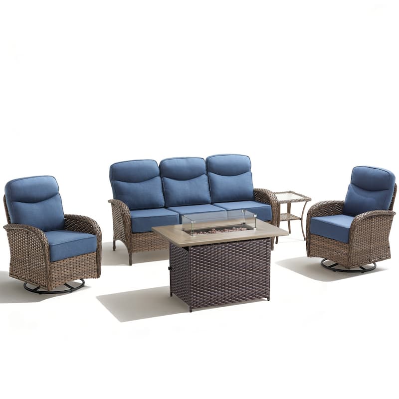 Meyreso 5-Piece Wicker Outdoor Patio Fire Pit Sofa Set with 6-Inch Thick Cushions