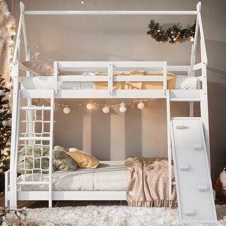 House Bunk Bed with Guardrails, Climbing Nets and Ramp, Twin over Queen