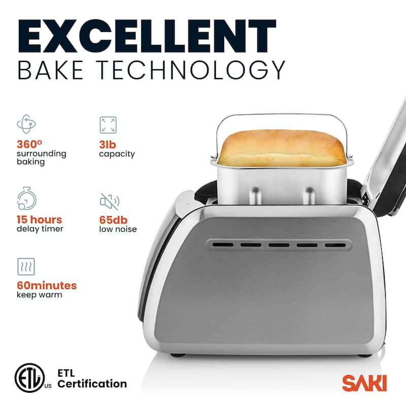 Saki Bread Maker with Non-stick Ceramic Bread Pan, Stainless Steel, 12-in-1 Programmable - 3lb