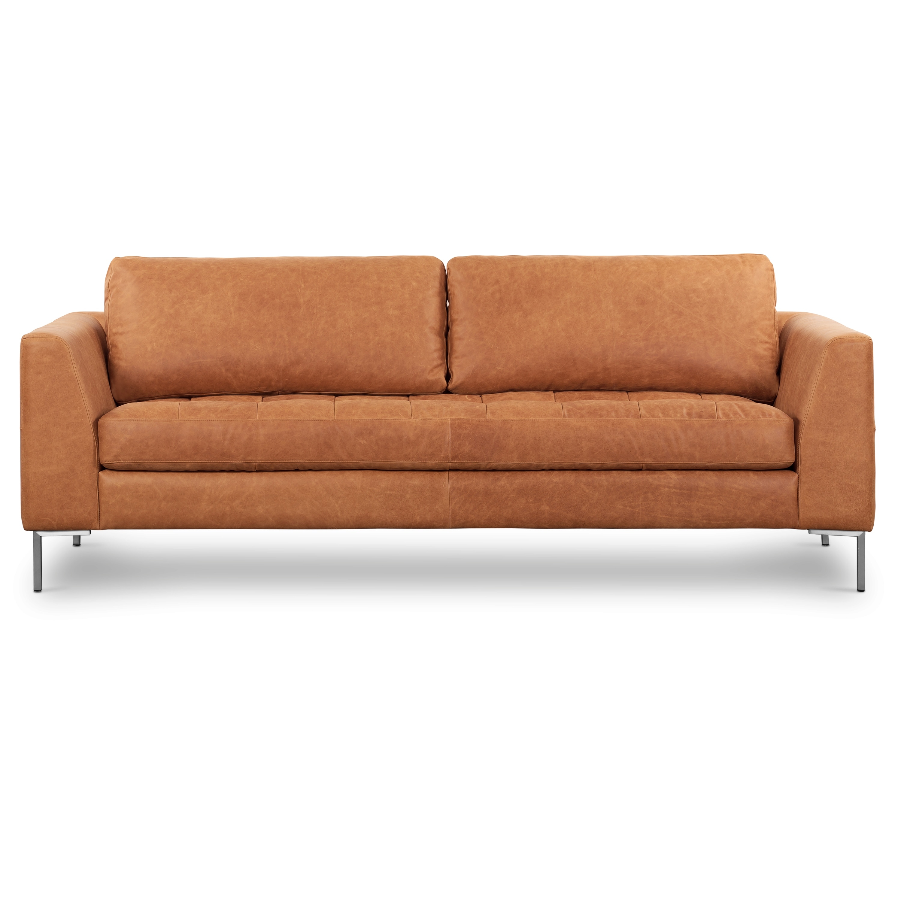 Blue leather sofa with two back cushions and metal legs