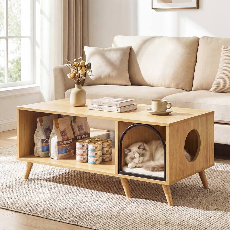 Gymax 40'' Coffee Table w/ Cat House 2-in-1 Farmhouse Cat Furniture