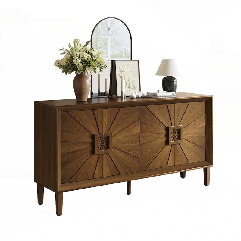 Carved Flower Door Large Storage Cabinet With Metal Handle