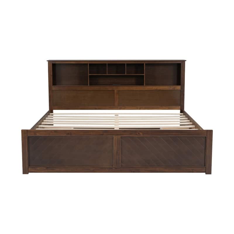 Solid Wood Bed Frame with Storage Bookcase Headboard and 2 Drawers, King Size Platform Bed with USB Port and Storage Shelves