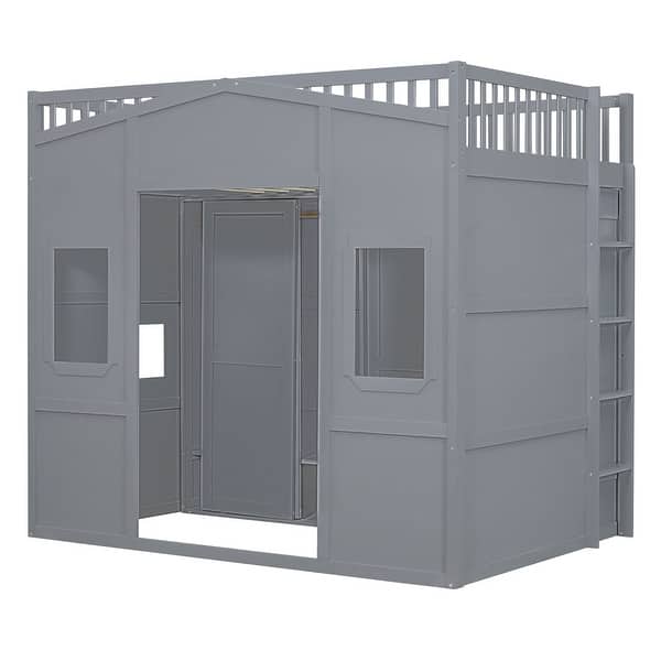 slide 2 of 20, Full Size Loft Bed with Wardrobe, Space-Saving Wood House Bed Frame w/Safety Guard & Ladder for Boys, Girls, Small Bedroom, Grey Grey - Full