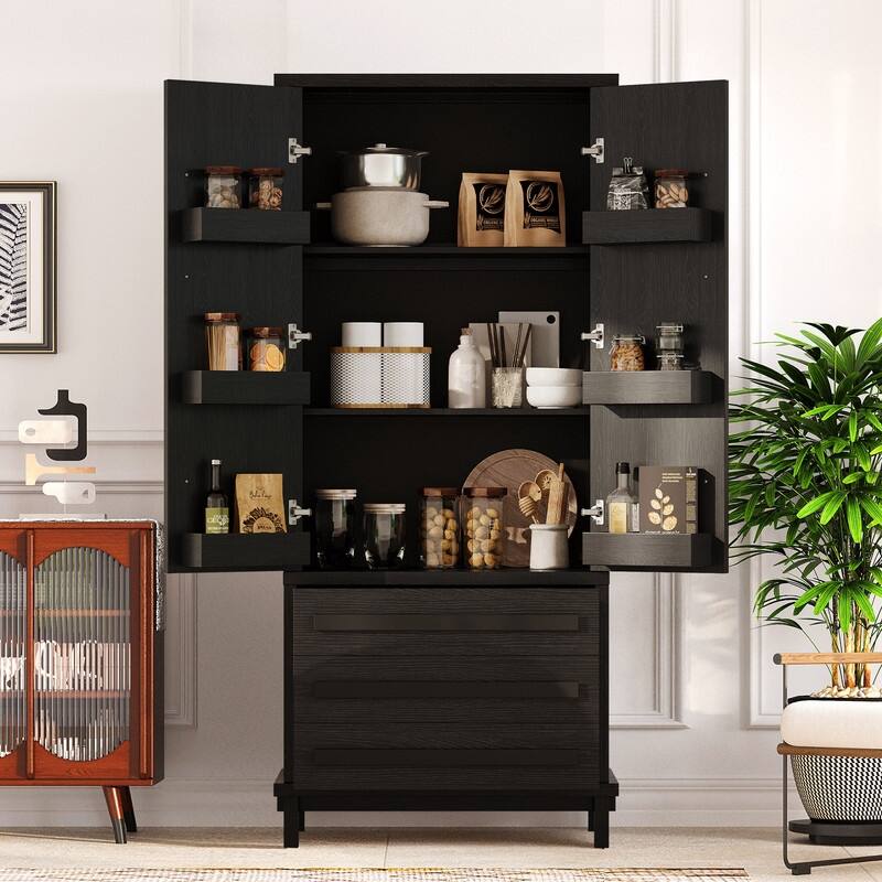 Farmhouse 70" Tall Kitchen Pantry Cabinet,Freestanding Wooden Kitchen Cupboard with 6 Door Shelves and 3 Drawers - Black