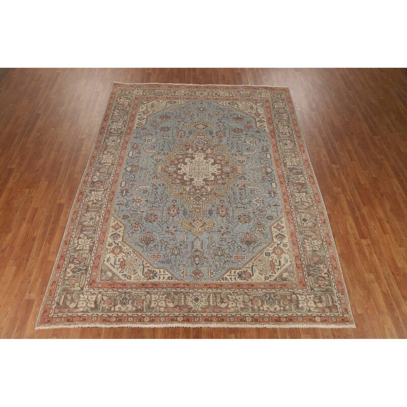 Geometric Blue Tabriz Persian Rug Hand-Knotted Traditional Wool Carpet - 8'3"x 11'2"