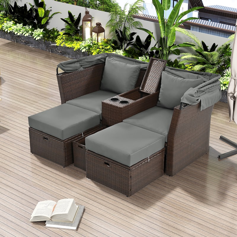 2-Seater Outdoor Patio Daybed with Foldable Awning - Grey