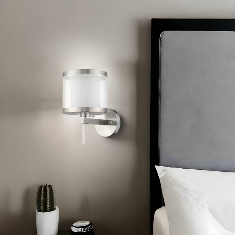 Brushed Silver Wall Light Fixture with White Silk Shade and Hardwired Sconce for Bedroom or Hallway - 13" H x 8" W x 11" D