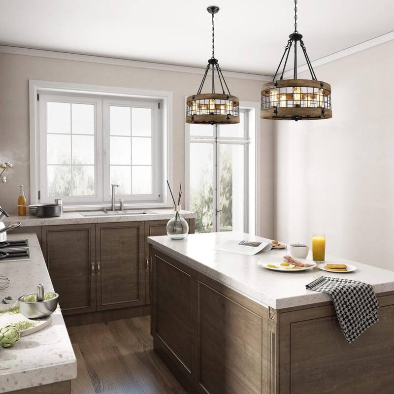 Modern Farmhouse 5-Light Wood Drum Black Metal Rustic Chandelier for Dining Room