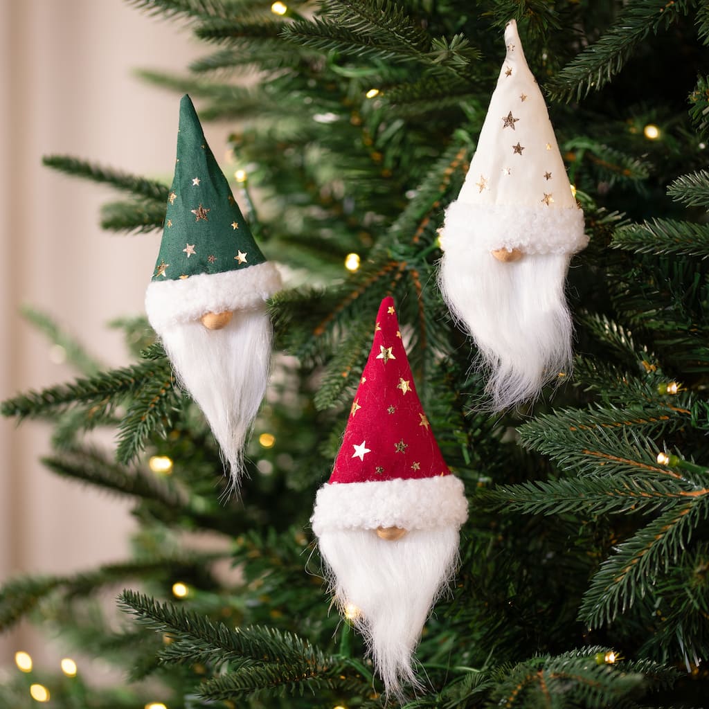 Santa Hat Gnome with Stars Clip-On Christmas Ornaments - 6" - Set of 3