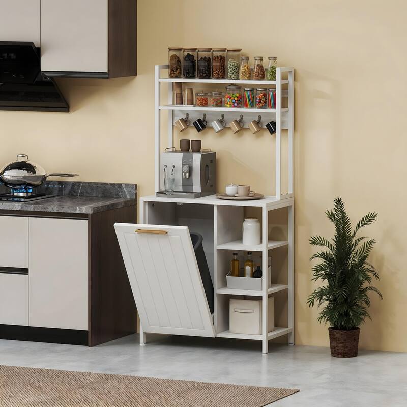 Bakers Rack with Trash Can Bin Cabinet &Power Outlets, Microwave Oven Stand Kitchen Shelf Organizer