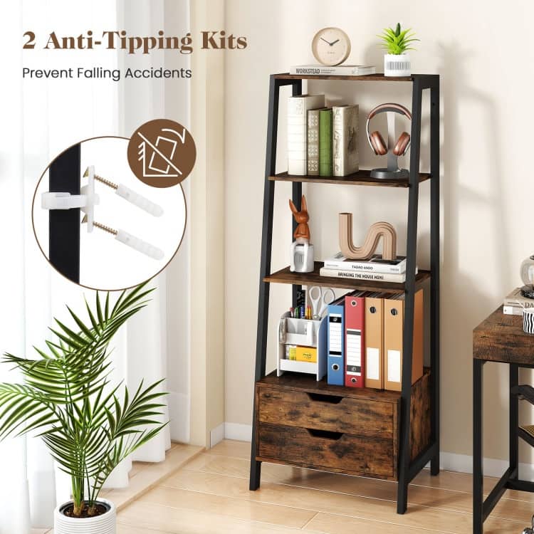 Ladder Bookshelf 4-Tier Freestanding Bookcase with Drawers - 20.5" x 15.5" x 52.5"