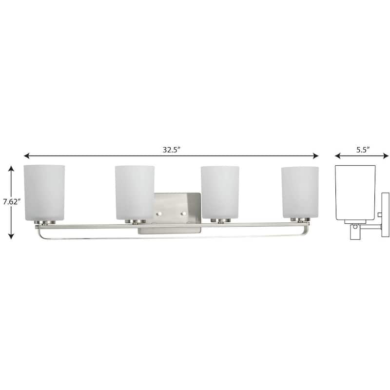 League Collection Four-Light Brushed Nickel and Etched Glass Modern Farmhouse Bath Vanity Light - 32.5 in x 5.5 in x 7.62 in