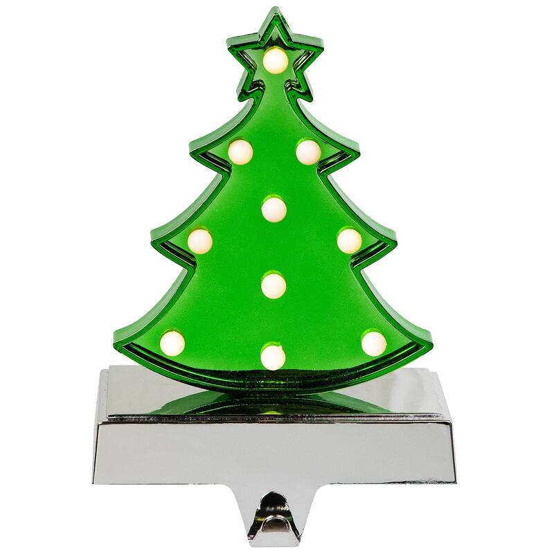 LED Lighted Shiny Christmas Tree Stocking Holder - 7" - Silver and Green