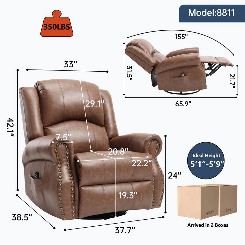 Manual Recliner Chair with Heat & Massage, Ergonomic Lounge Sofa Chair, Swivel Recliner Chair with Side Pocket