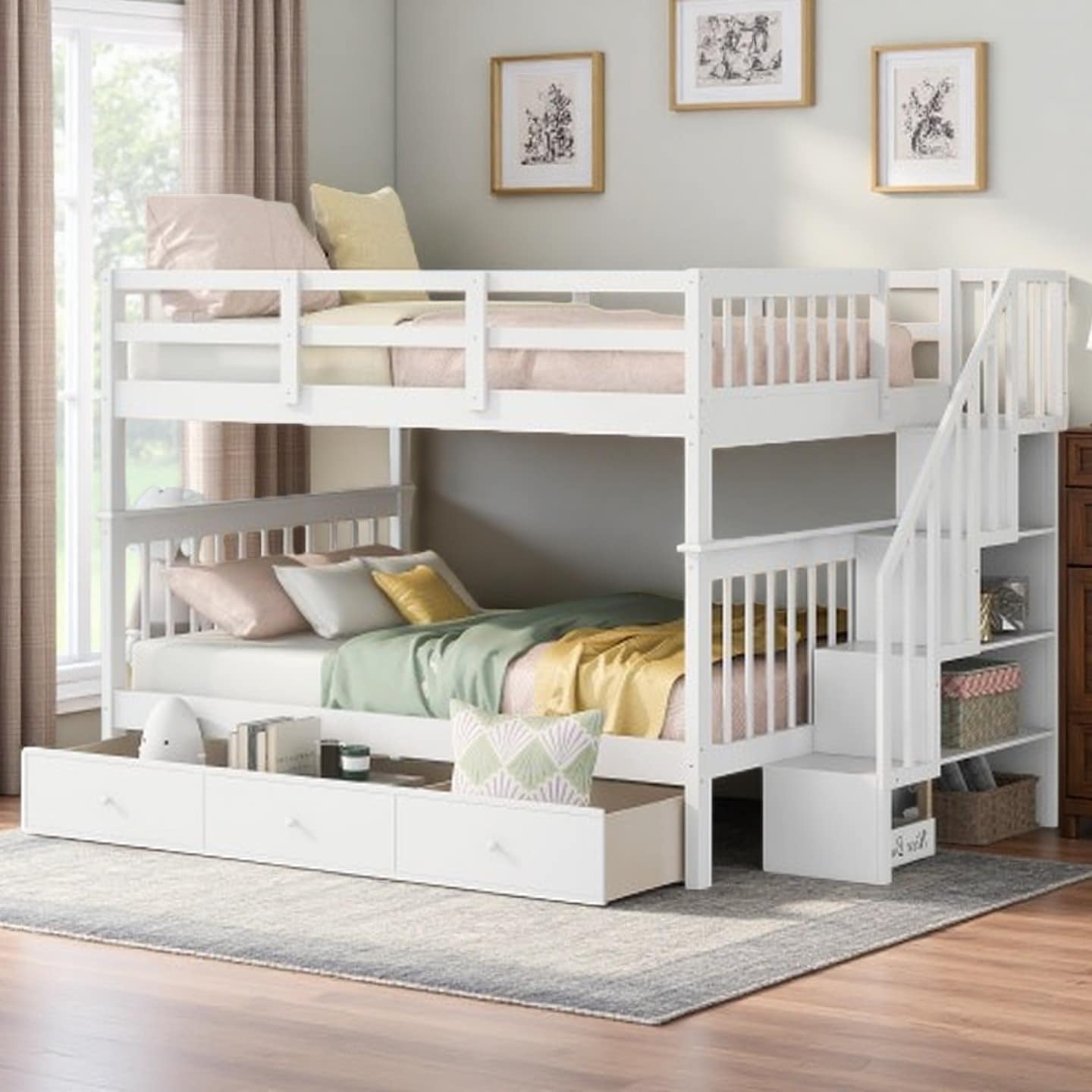 Solid Wood Full-Over-Full Bunk Bed with Stairway, Storage Drawers and Guardrails, Space-Saving Design