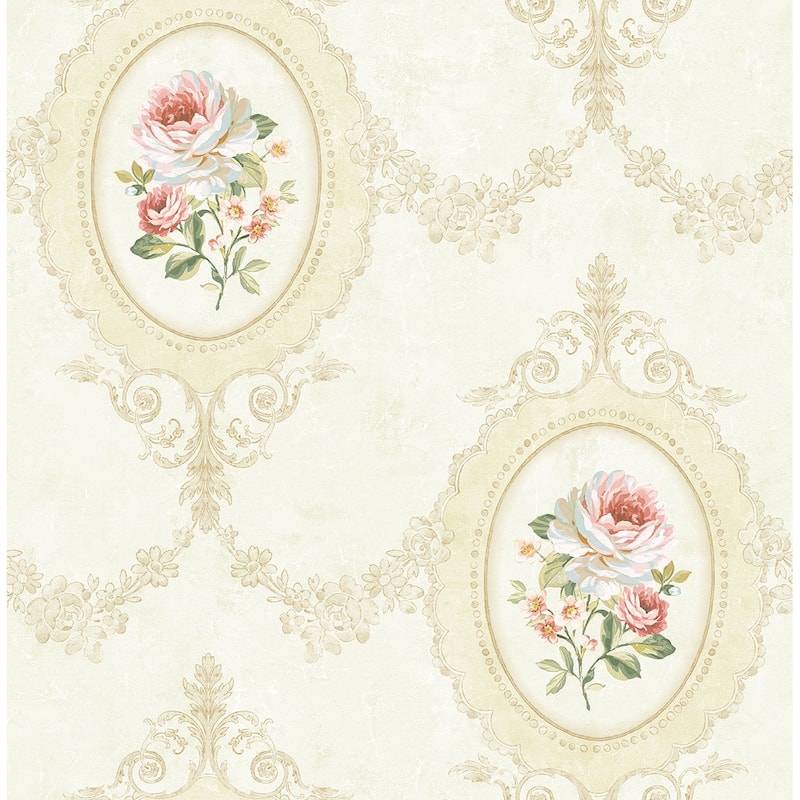 Seabrook Designs Aubrey Framed Rose Toile Unpasted Wallpaper - 20.5 in. W x 33 ft. L - Metallic Gold