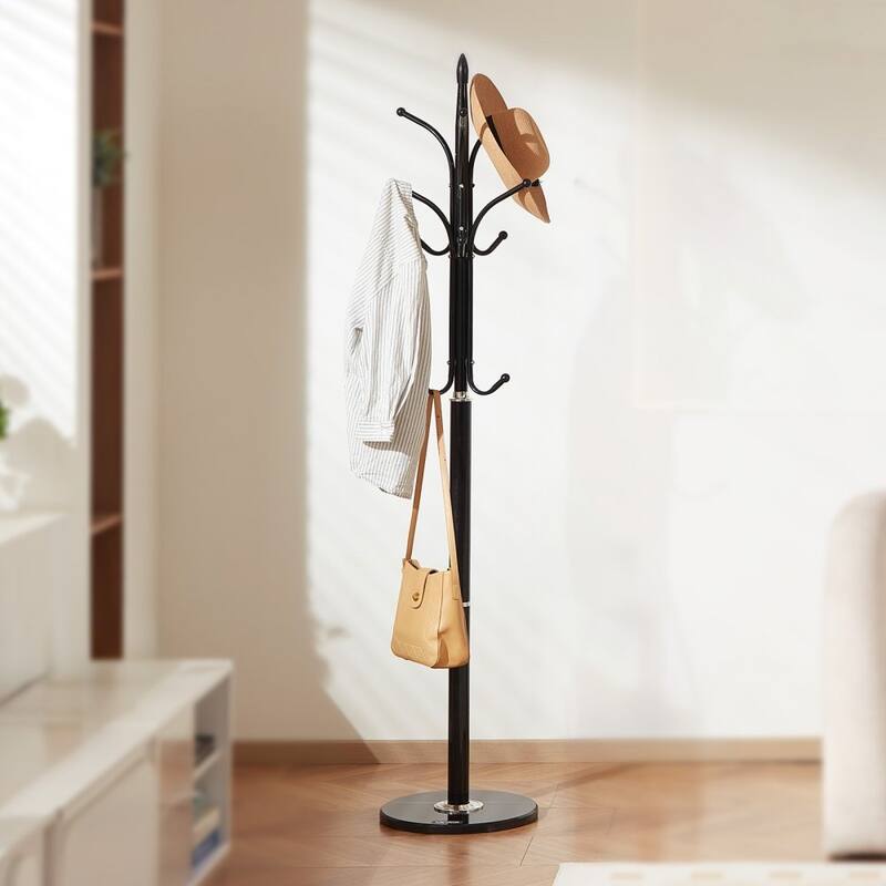 Black Freestanding 6 Hooks Coat Rack with Marble Base and Sturdy Carbon Steel Stand for Entryway - 14.57” x 14.57” x 70.87”
