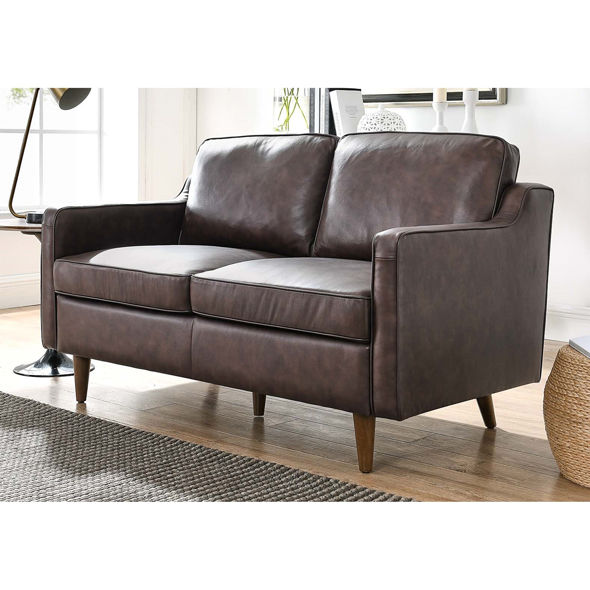 Brown leather discount loveseat