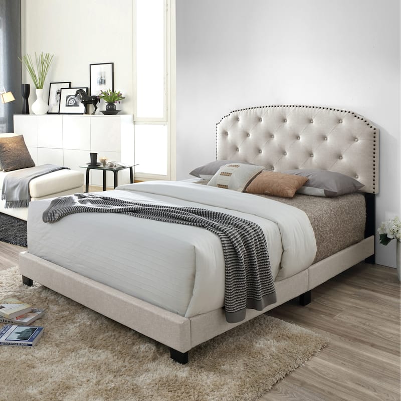 Arin Beige Fabric Queen Bed with Button Tufting and Black Nail Head