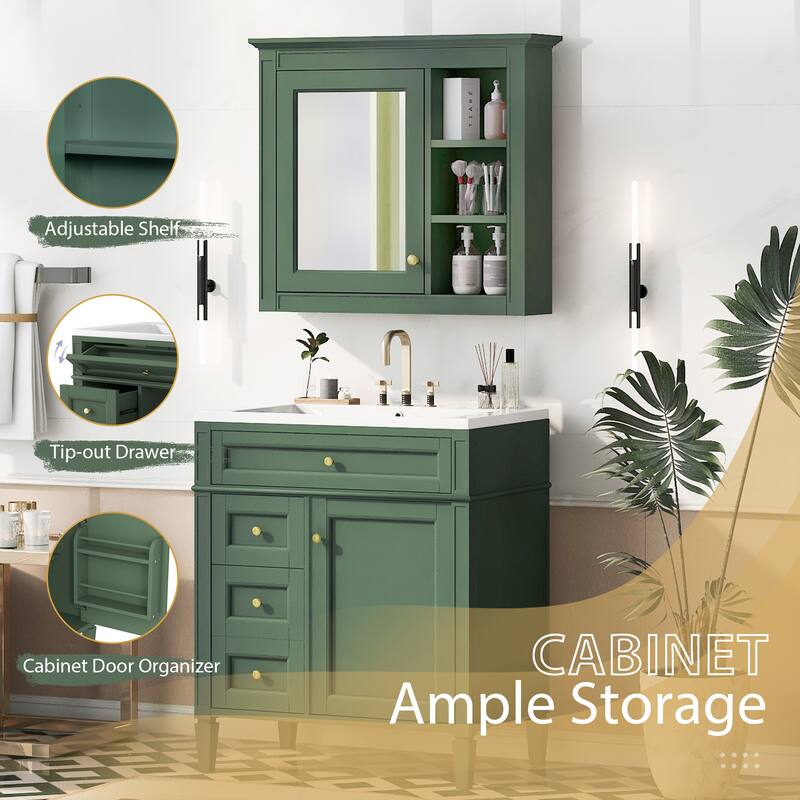 30'' Bathroom Vanity Set with Mirror Cabinet, Bathroom Vanity Cabinet with 2 Drawers, a Tip-out Drawer and Storage Shelf
