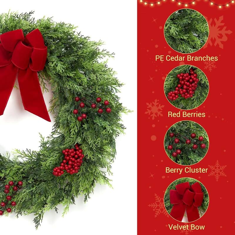 24 Inch Christmas Door Wreath, Xmas Greenery Wreaths with Berries - N/A