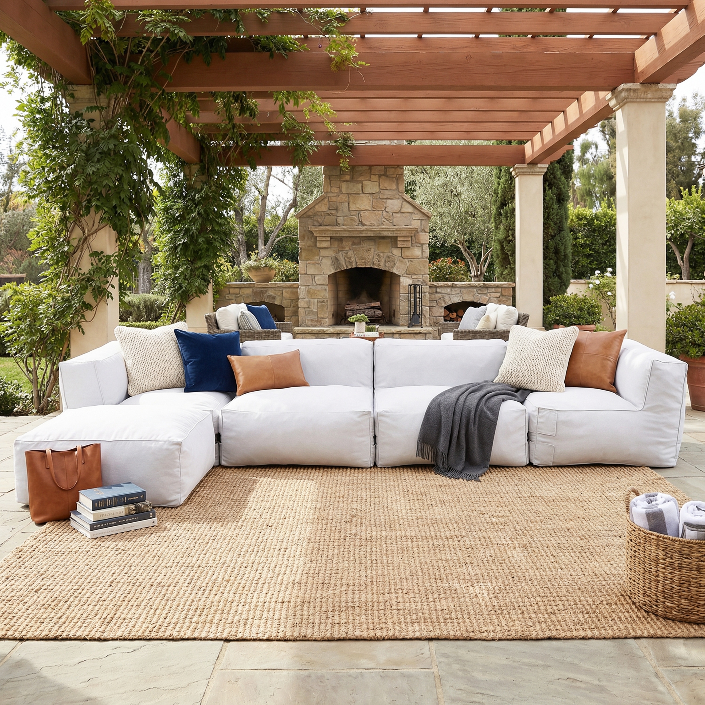 Christopher Knight Home - Nerissa 5-Piece Modular Outdoor/Indoor Bean Bag Sectional Sofa Set with Shredded Foam Filled & Ottoman