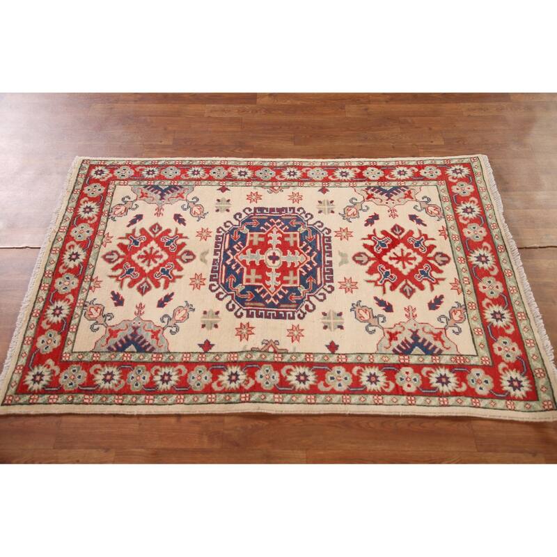 Ivory / Beige Kazak Oriental Accent Rug Hand-Knotted Wool Carpet - 3'2"x 4'8"
