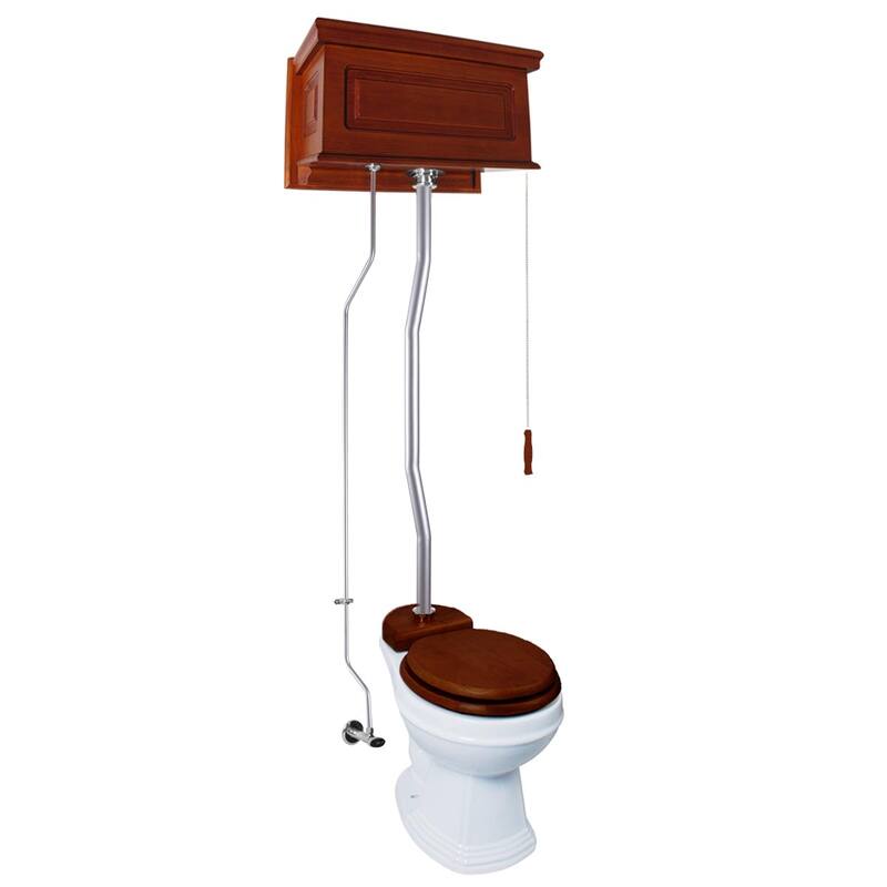 Light Mahogany Wooden High Tank Toilet Raised Tank, Satin Z Pipes and Round White Bowl