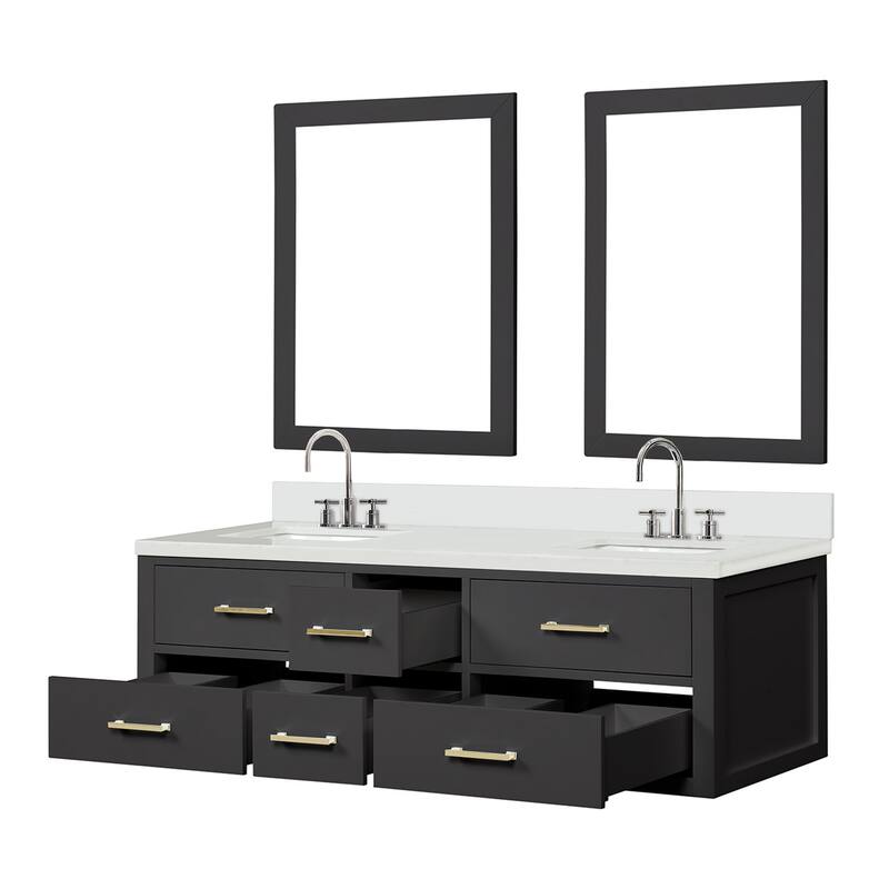 Castor 60 in W x 22 in D Black Double Bath Vanity, White Quartz Top, Faucet Set, and 28 in Mirrors
