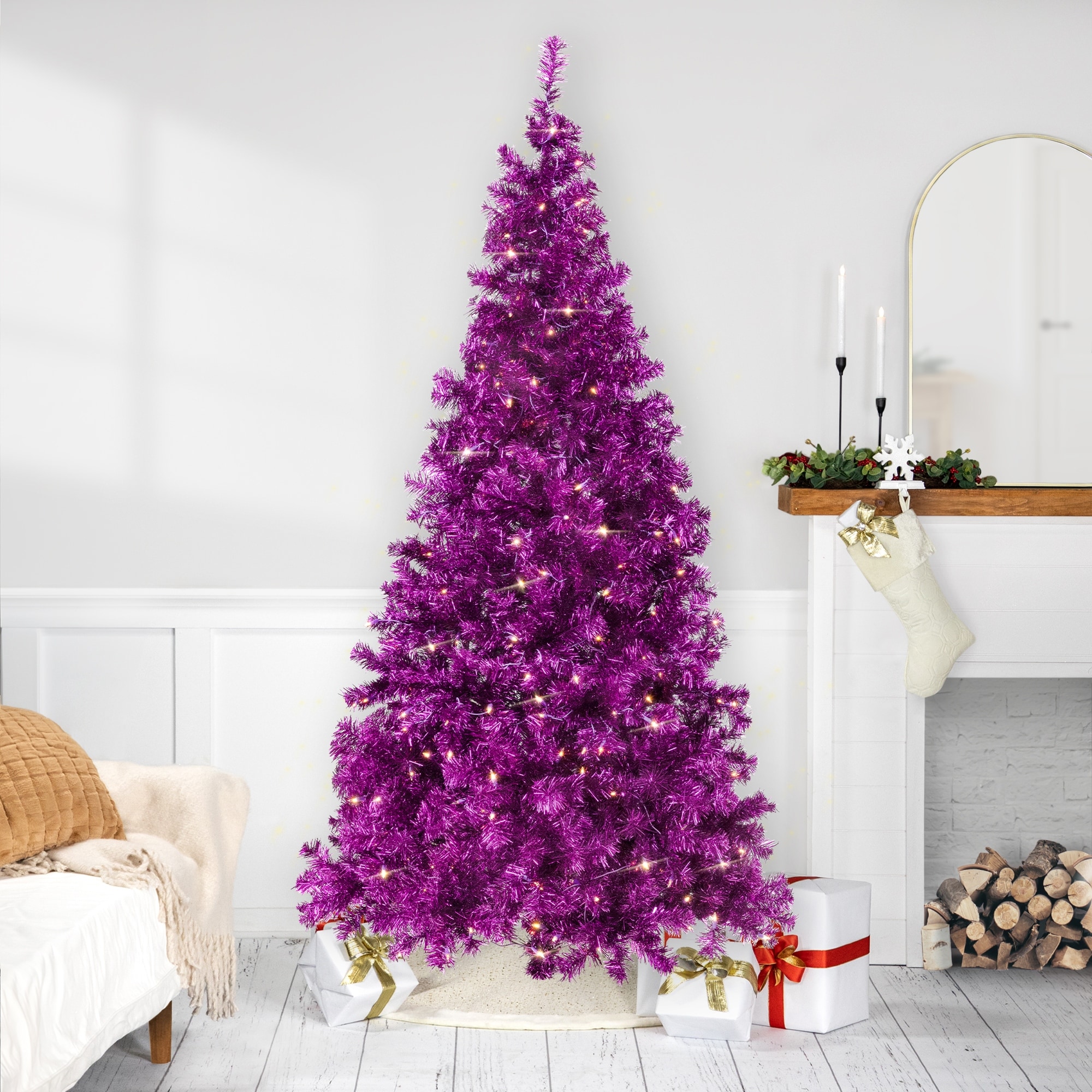 Pre-Lit Artificial Tinsel Christmas Tree - 7' - Purple - Clear Lights - 7 Foot