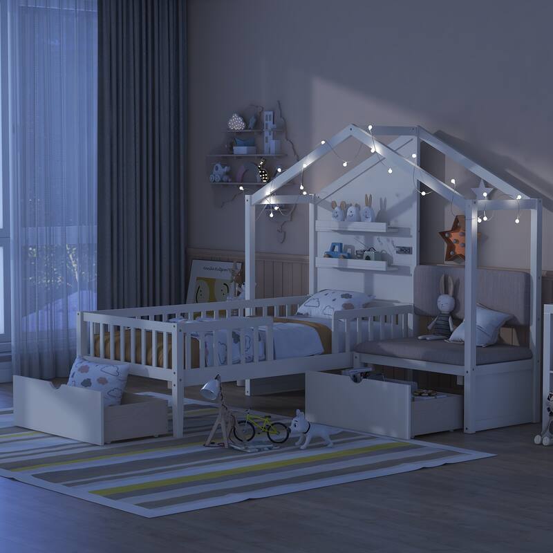 Twin Size House Bed with Upholstered Sofa, House Bed with Charging Station, Wireless Charging, Shelves and Two Drawers
