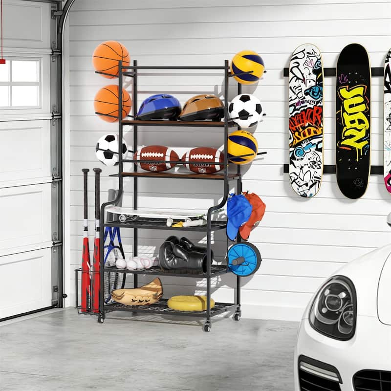 Freestanding Rolling Sports Equipment Organizer Home Gym Storage Rack with Wheels