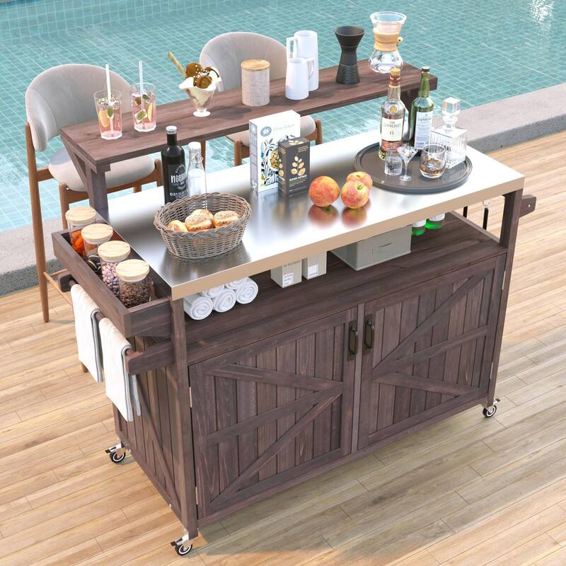 53.3" Outdoor Kitchen Island with Raised Shelf,Solid Wood Storage Cabinet with Stainless Steel Top(NO CHAIR) - N/A - Brown