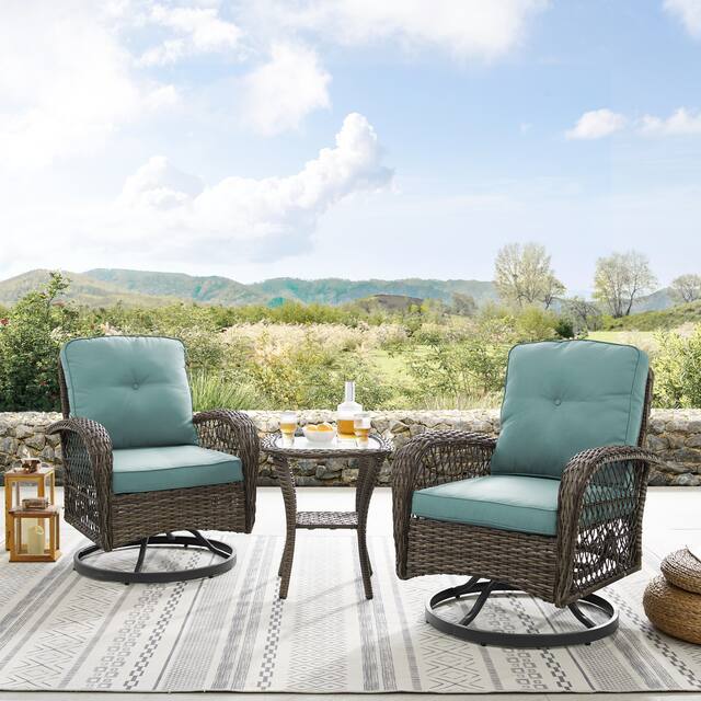 Corvus Livorno Outdoor 3-piece Wicker Stainless Steel Chat Set with Swivel Chairs - Aqua