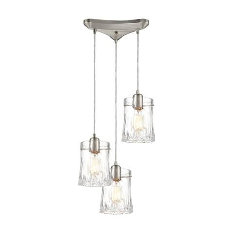 Hand Formed Glass 3-Light Triangular Mini Pendant Fixture in Satin Nickel with Clear Glass